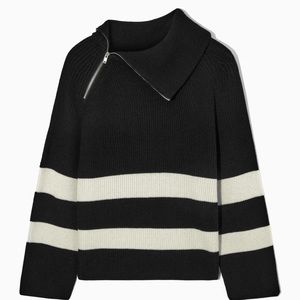 COS KNIT BLACK AND WHITE SWEATER WITH NECK ZIPPER DETAIL
